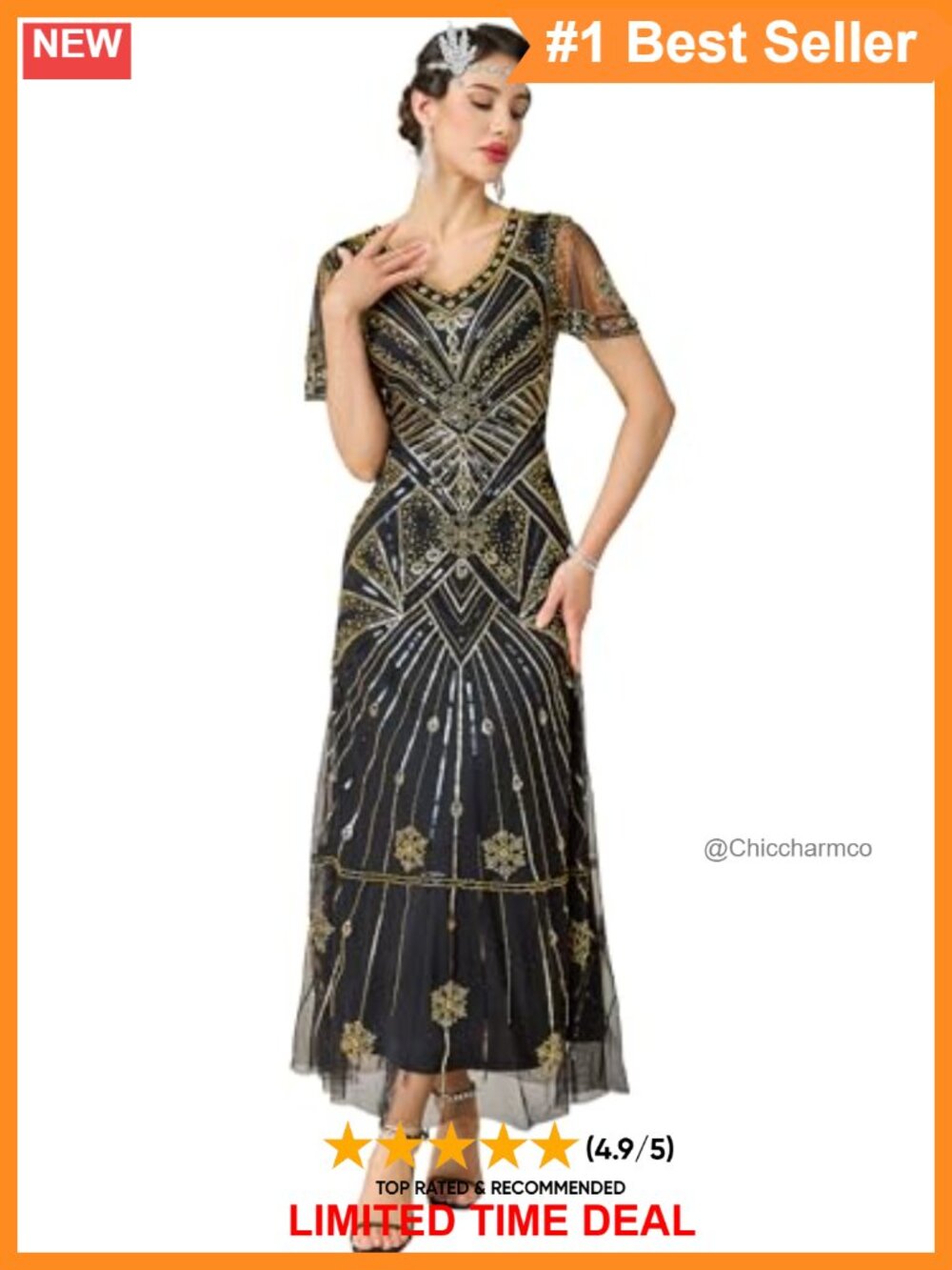 1920s Flapper Dress Sequin Beaded Maxi V-Neck Evening Gown
